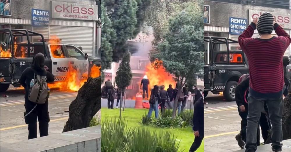Durante marcha por el 2 de octubre manifestantes en Toluca quemaron una patrulla